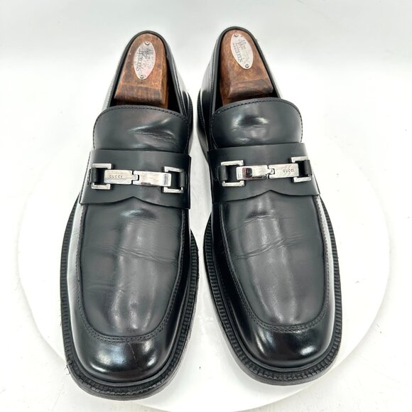 Gucci Men Size US 9.5 UK 9D Black Leather Silver Horsebit Slip On Loafer Shoes - Picture 1 of 11